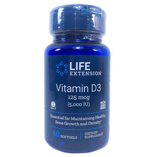 Основное фото товара Life Extension, Витамин D3 5000 МЕ, Vitamin D3 125 mcg, 60 капсул