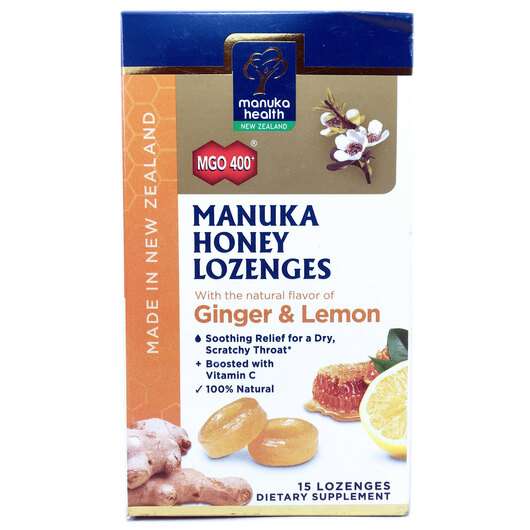 Manuka Honey Lozenges MGO 400+ Ginger & Lemon 15 L, Пастилки з медом Манука MGO 400+ імбир лимон, 15 пастилок
