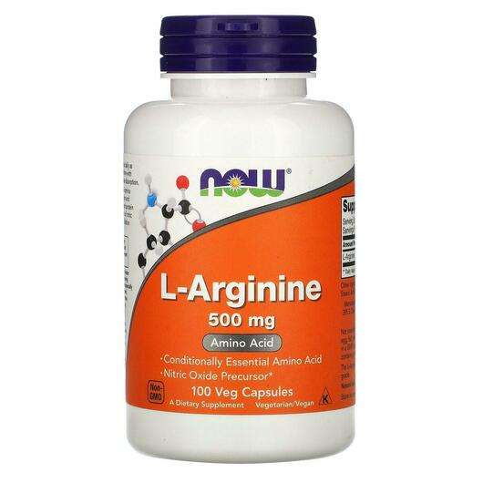 Основне фото товара Now, L-Arginine 500 mg, L-Аргінін 500 мг, 100 капсул