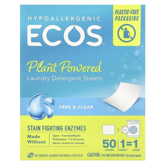 Основное фото товара ECOS Plant Powered Laundry Detergent, Стиральный порошок, 50 Shee
