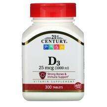 21st Century, Витамин D3 1000 МЕ, Vitamin D3 25 mcg, 300 таблеток