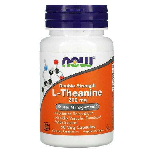 Основне фото товара Now, L-Theanine Double Strength 200 mg, L-Теанін 200 мг, 60 ка...