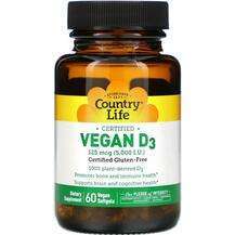Country Life, Витамин D3, Vegan D3 5000 IU, 60 Vegan капсул