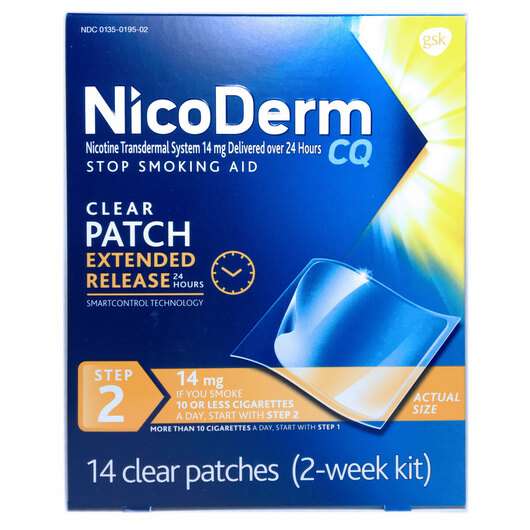 NicoDerm CQ 14 mg Step 2 Nicotine Patches, Нікотинові пластирі NicoDerm CQ 14 мг менше 10 сигарет в день крок 2, 14 штук