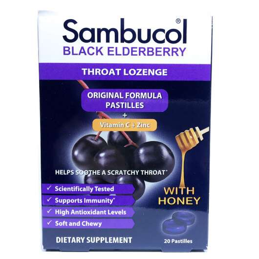 Основне фото товара Sambucol, Black Elderberry Pastilles with Honey, Сироп з Бузин...