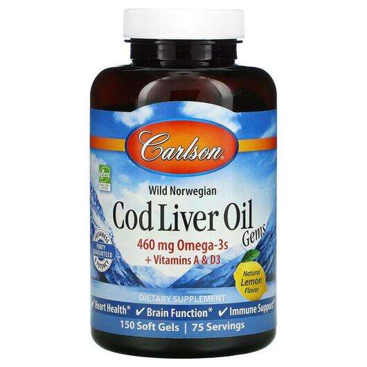 Основне фото товара Carlson, Cod Liver Oil Gems Natural Lemon 460 mg, Олія з печін...
