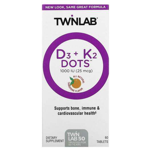 D3 Dots + K2 All-Natural Tangerine 1000 IU 25 mcg, Вітаміни D3 та K2, 60 таблеток