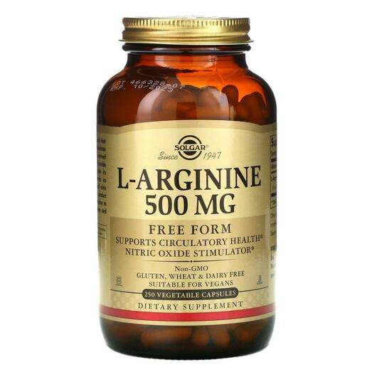 Основне фото товара Solgar, L-Arginine Free Form 500 mg, L-Аргінін 500 мг, 250 капсул