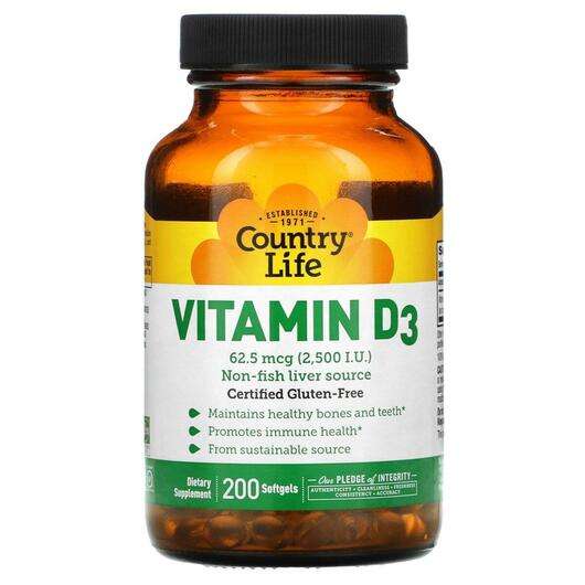 Основне фото товара Country Life, Vitamin D3, Вітамін D3 2500 МЕ, 200 капсул
