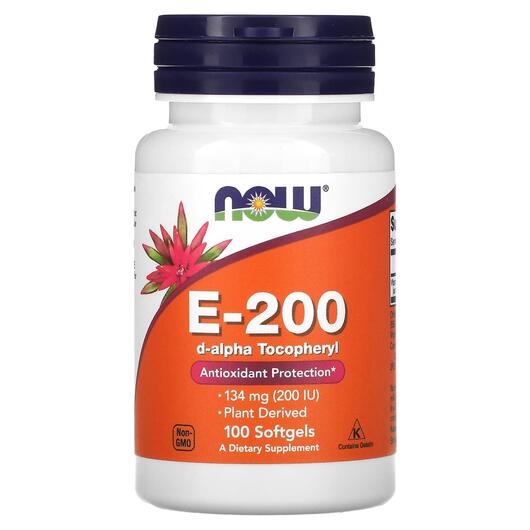 Основне фото товара NOW Foods, E-200 134 mg 200 IU, Вітамін E Токофероли, 100 капсул