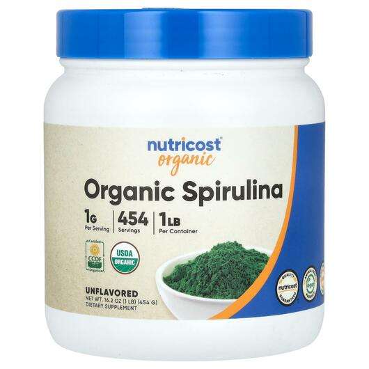 Основне фото товара Nutricost, Organic Spirulina Unflavored, Спіруліна, 454 г