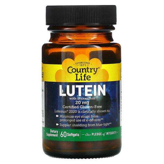 Основне фото товара Country Life, Lutein 20 mg, Лютеїн 20 мг, 60 капсул
