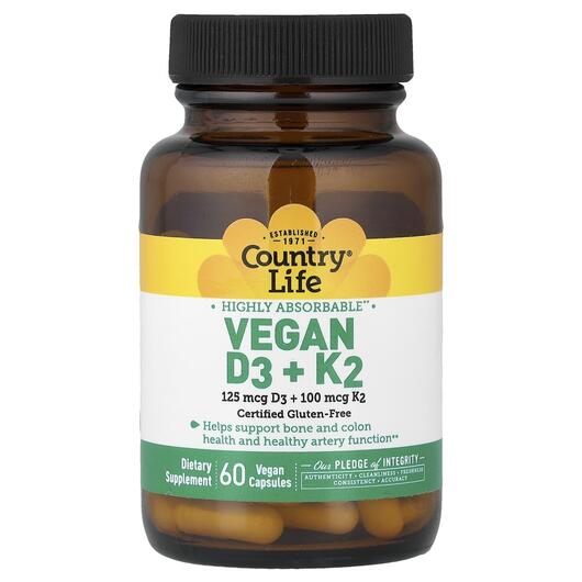 Основне фото товара Country Life, Vegan D3 + K2, Вітаміни D3 K2, 60 капсул