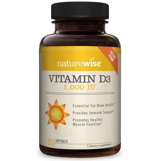 Основное фото товара Naturewise, Витамин D3 1000 IU, Vitamin D3 1000 IU, 360 капсул