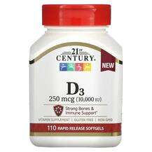 21st Century, Витамин D3, Vitamin D3 250 mcg 10000 IU, 110 капсул