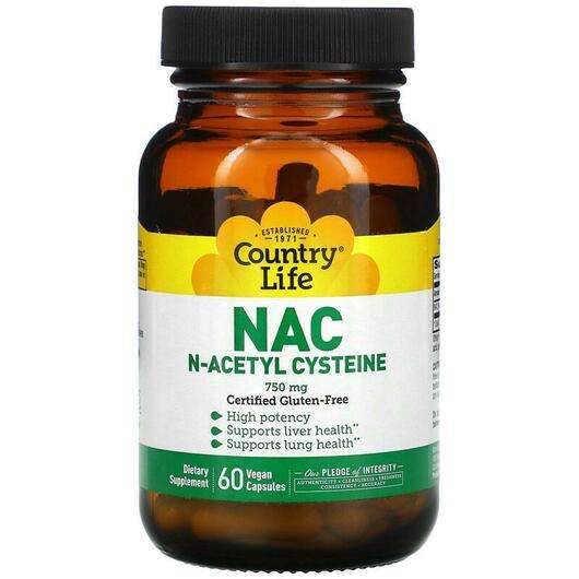 Основне фото товара Country Life, NAC N-Acetyl Cysteine 750 mg, NAC N-Ацетил-L-Цис...