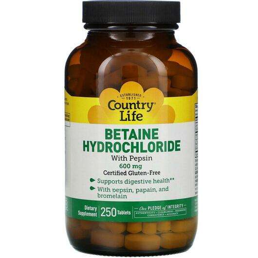 Основне фото товара Country Life, Betaine Hydrochloride with Pepsin 600 mg, Бетаїн...