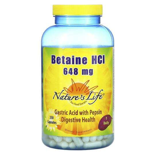 Основне фото товара Natures Life, Betaine HCl 648 mg 250, Бетаїн HCl 648 мг, 250 к...