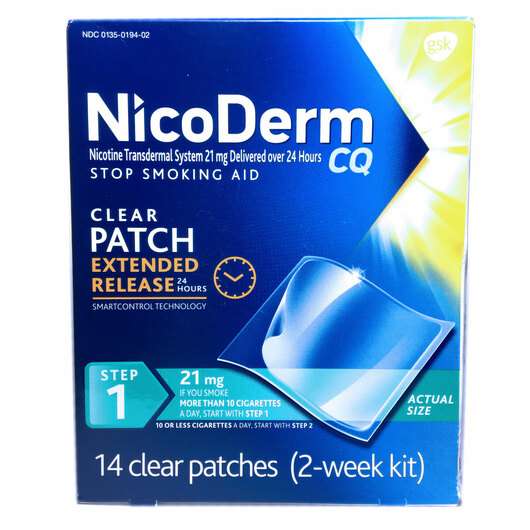 NicoDerm CQ 21 mg Step 1 Nicotine Patches, Нікотинові пластирі NicoDerm CQ 21 мг більше 10 сигарет в день шаг 1, 14 штук