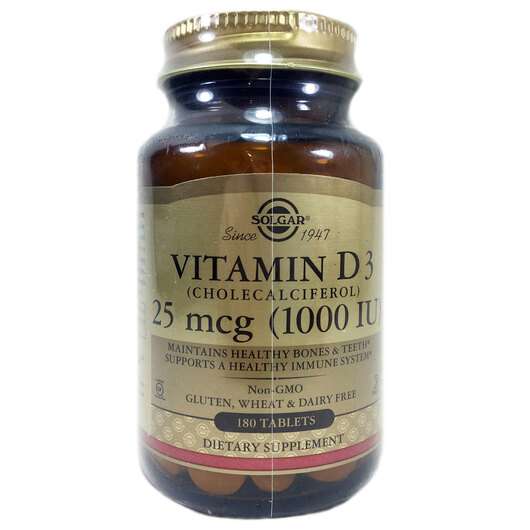 Основне фото товара Solgar, Vitamin D3 25 mcg 1000 IU, Вітамін D3 25 мкг 1000 МО, ...